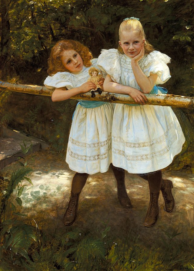 Gerda and Elin. Group portrait in a garden. by August Jerndorff