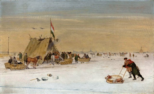 A winter landscape with figures on the ice by a koek-en-zopie tent by Hendrick Avercamp