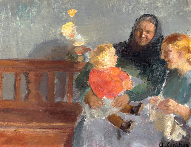 Sunlit interior with three generations. by Anna Ancher
