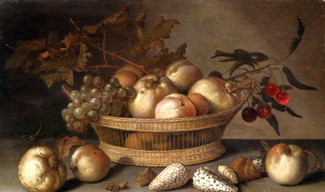 A basket with cherries, apples, peaches and a bunch of grapes, surrounded by apples, peaches, shells, bees and a dragonfly by Balthasar van der Ast