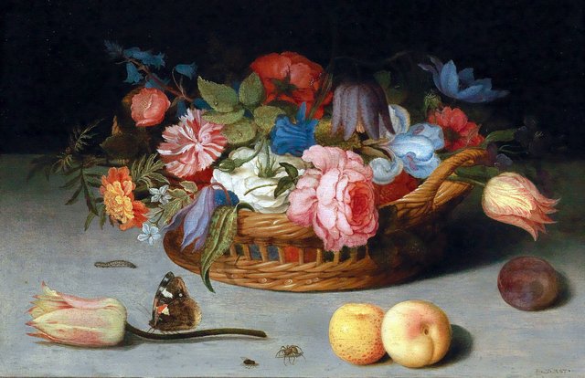 Roses, tulips, irises and other flowers in a wicker basket, with fruit and insects on a ledge by Balthasar van der Ast