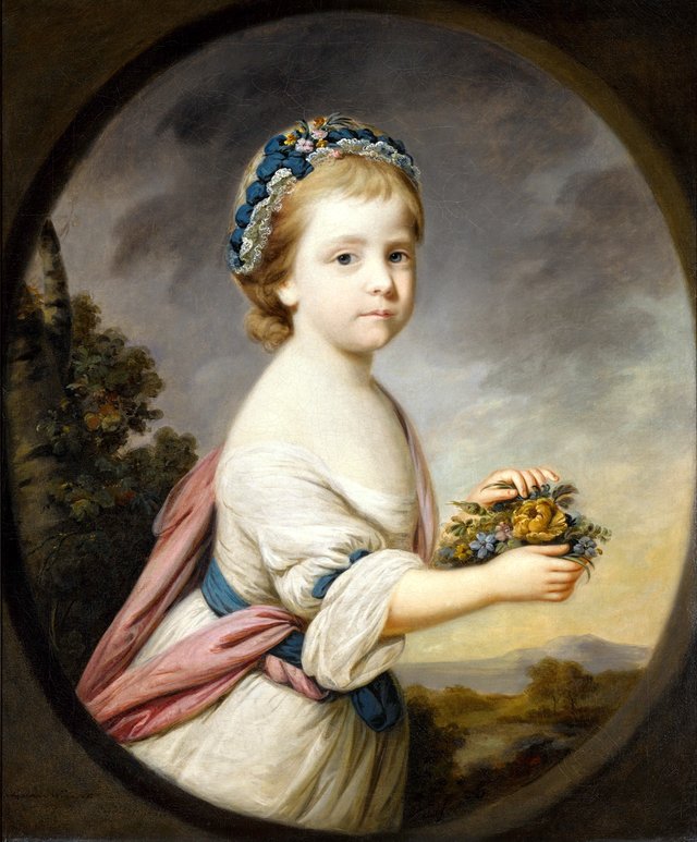 Portrait of Lady Anne Windsor (1762–1793), three-quarter-length, standing in a landscape, wearing a cream dress with a blue waisted sash, holding flowers by Francis Cotes