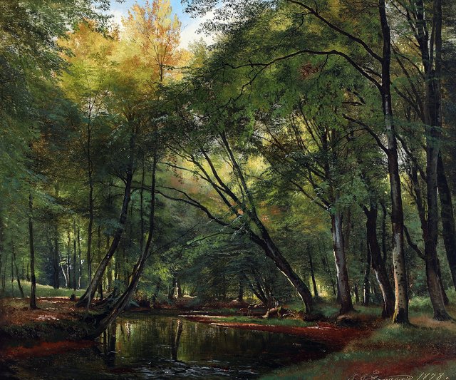 Forest scenery with deer drinking at a stream. by Carl Frederik Aagaard