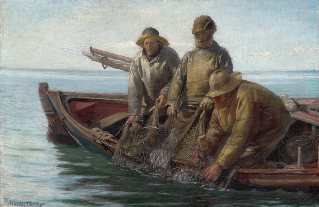 Three fishermen from Skagen hauling in their net. by Michael Ancher