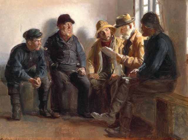 Fishermen in the grocery store in Skagen. Søren Kruse reads from today's newspaper. by Michael Ancher
