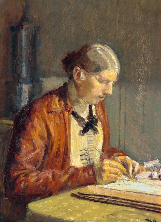 Interior with Anna Ancher, the artist's wife, painting. by Michael Ancher