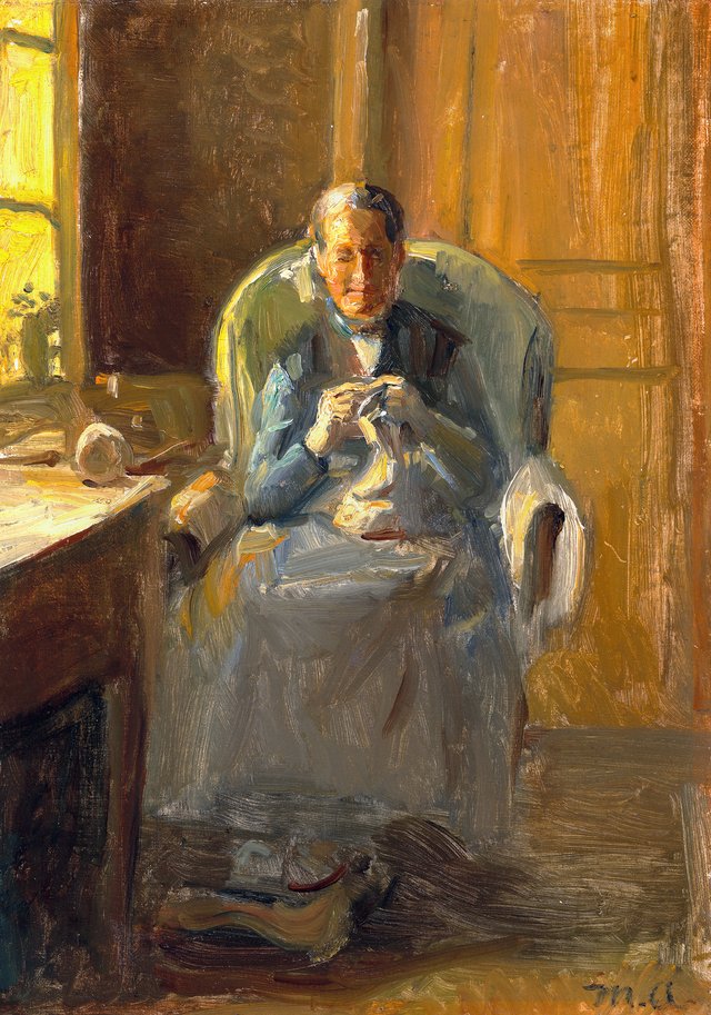 Interior with a knitting woman in the sunlight by the window. by Michael Ancher