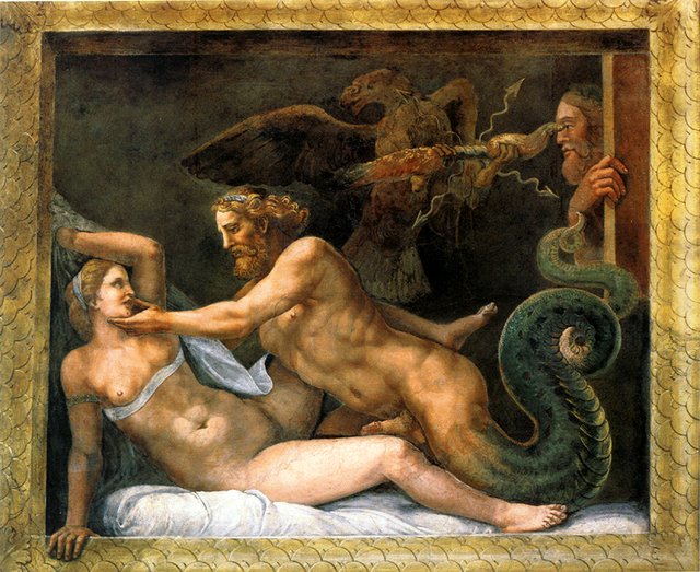 Zeus seducing Olympias by Giulio Romano