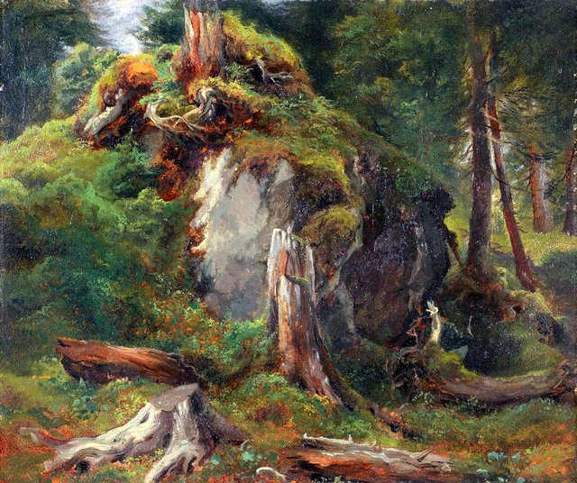 Rocher couvert de mousses et troncs d'arbres abattus by Alexandre Calame