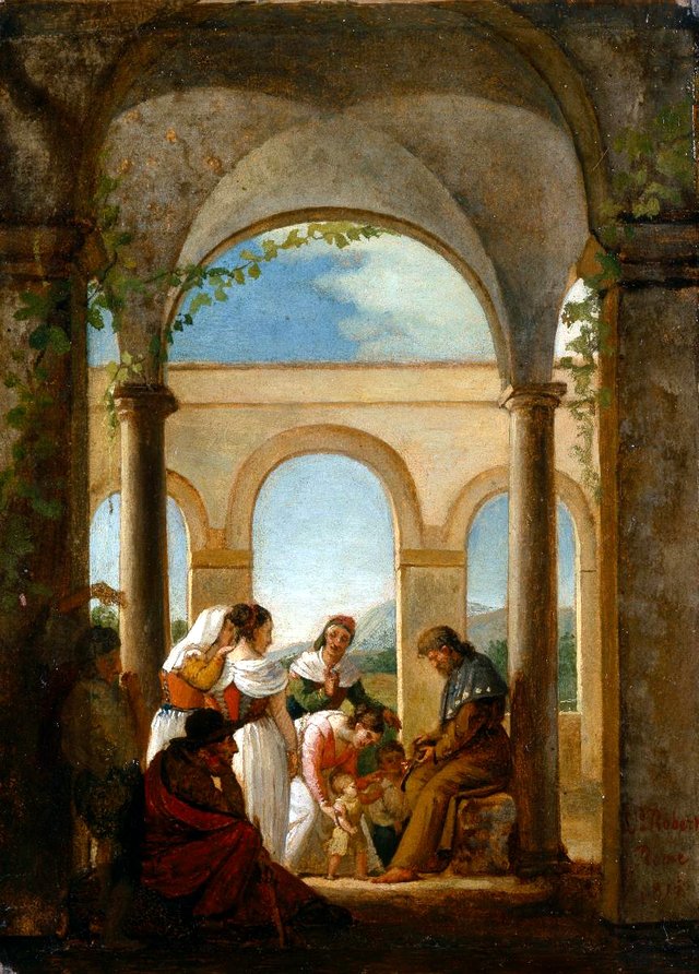 Frauen und Kinder vor einem Pilger in einem Portikus by Léopold Robert