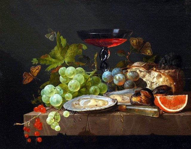 Stillleben mit Früchten, Brot, Austern by Jacob van Walscapelle