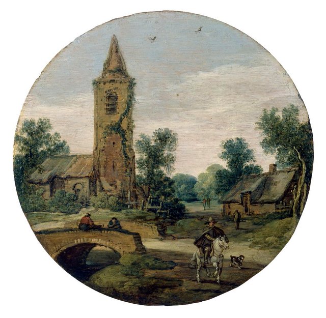 Dorfszene mit Brücke und Kirche by Esaias van de Velde