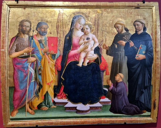 La Vierge et l'Enfant, saint Jean-Baptiste, saint Pierre, saint François, saint Léonard et un donateur by Domenico di Michelino