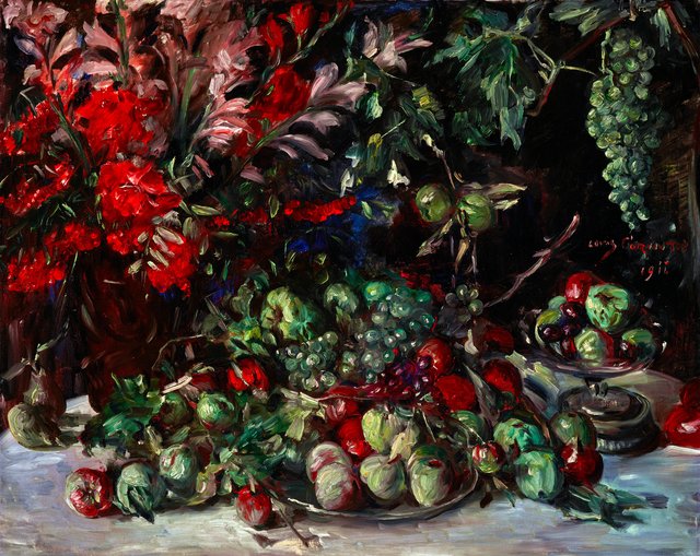 Grünes Stilleben mit Früchten und Gladiolen by Lovis Corinth