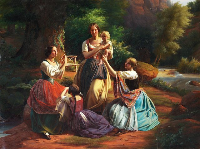 Young Italian women and a child in the woods. by Elisabeth Baumann