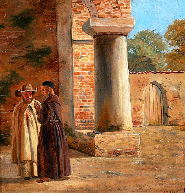 Two monks in the yard. by Elisabeth Baumann