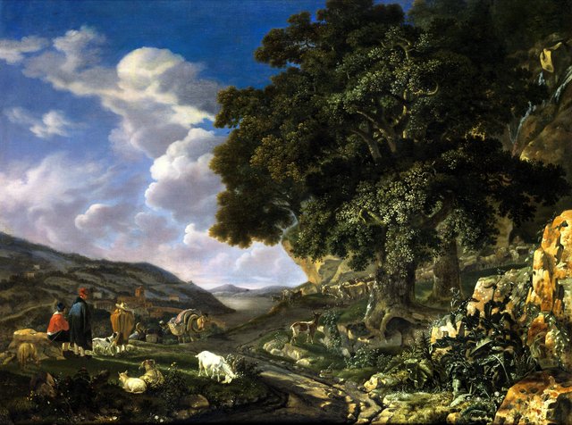 Landscape with big oak tree and shepherds with sheep and goats by Abraham Begeyn
