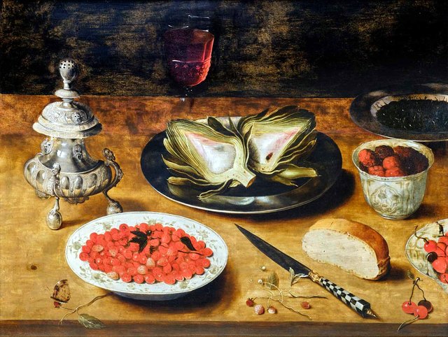 Still life with strawberries, raspberries and artichokes by Osias Beert