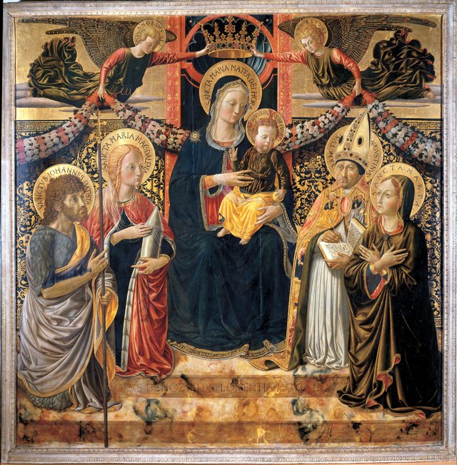 Madonna mit Kind und Engeln zwischen den heiligen Johannes der Täufer, Maria Magdalena und Martha by Benozzo Gozzoli