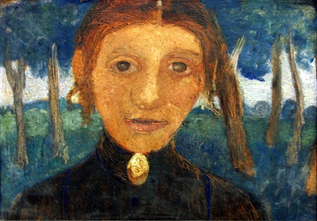 Self-portrait with landscape in front of trees by Paula Modersohn-Becker