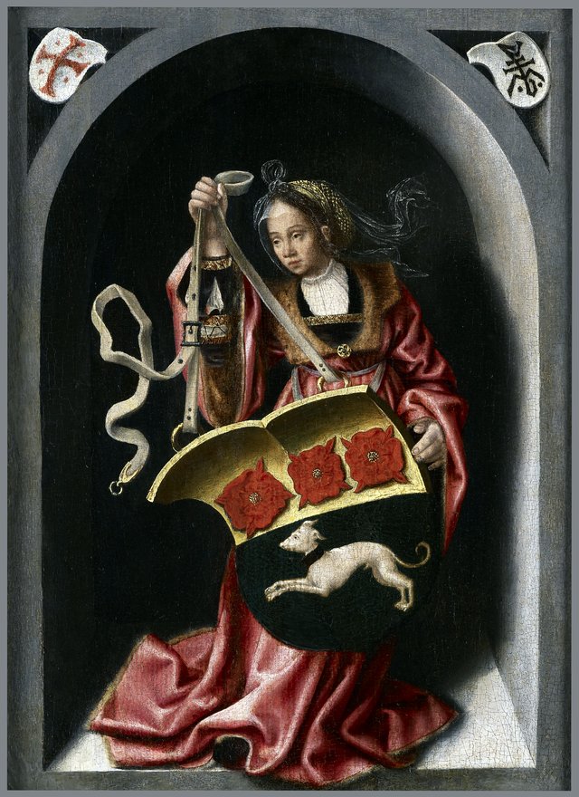Lady holding an heraldic shield within a painted niche. by Bernard van Orley