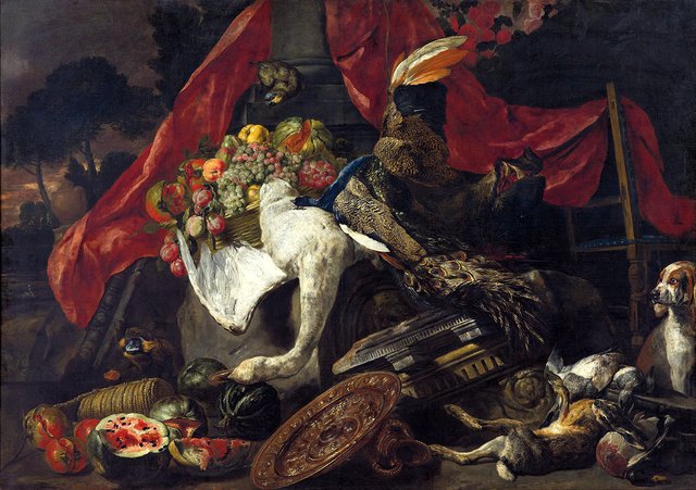 A swan, rabbit and other game with a parrot, dogs, fruit and metalwork in a classical landscape by Pieter Boel