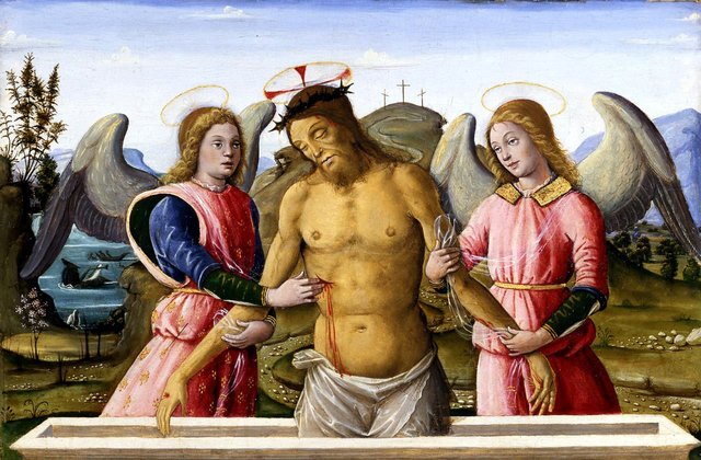 The dead Christ supported by two Angels by Bernardino Fungai