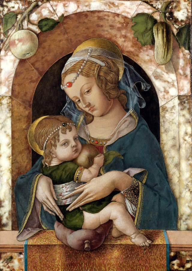 The Madonna and Child at a marble parapet, an apple ad a gourd hanging from a niche behind by Carlo Crivelli