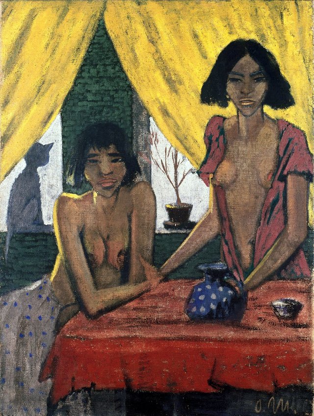 Two gypsy women with cat by Otto Mueller