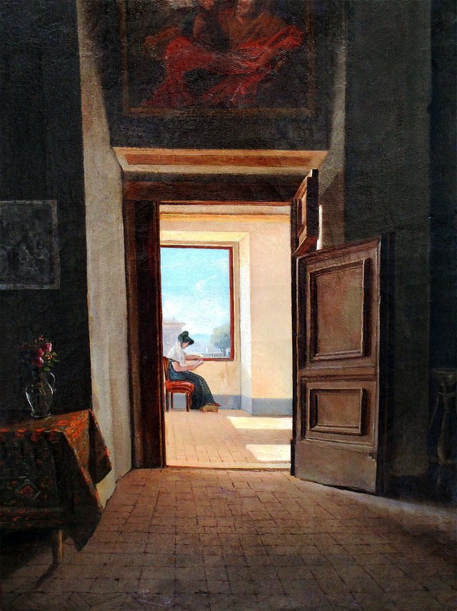 A Young Woman Reading in an Interior by Hortense Haudebourt-Lescot
