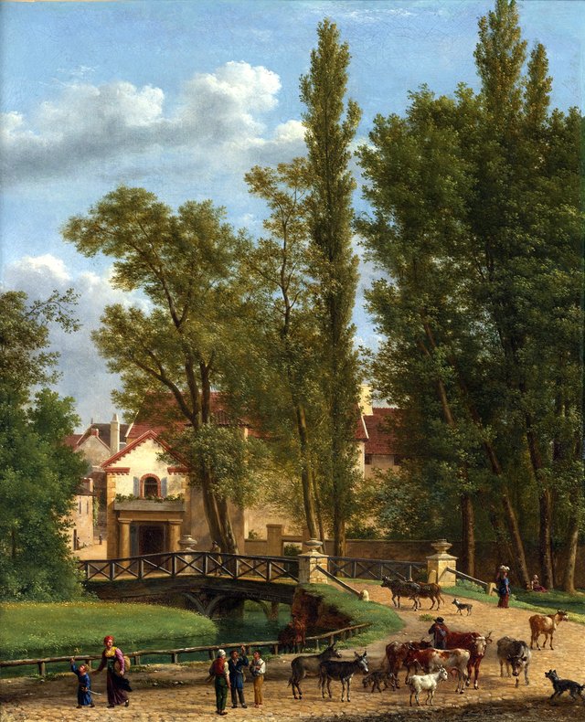 Villagers and animals in a landscape beside a bridge at the entrance of a village by Jean-Joseph-Xavier Bidauld