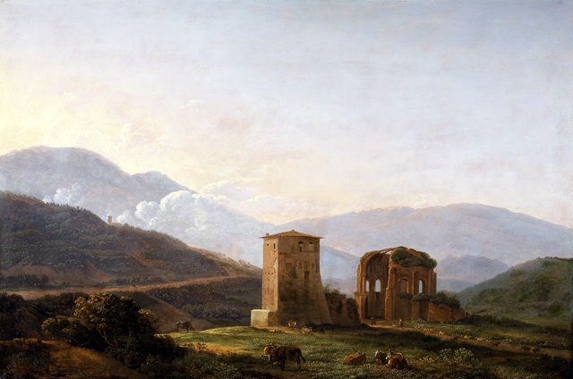An italianate landscape with ruins and cattle by Jean-Joseph-Xavier Bidauld
