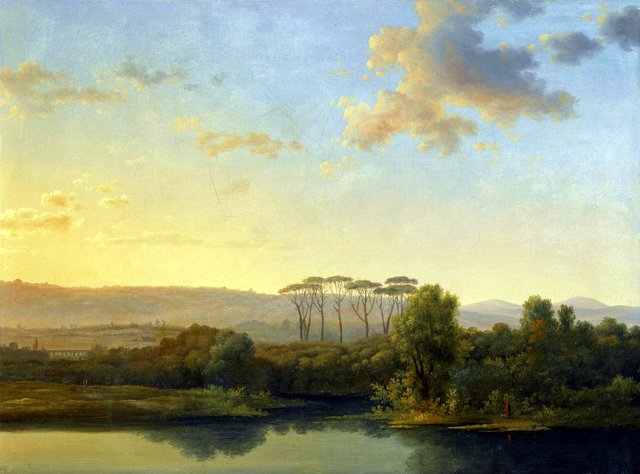 An Italianate river landscape at sunset by Jean-Joseph-Xavier Bidauld