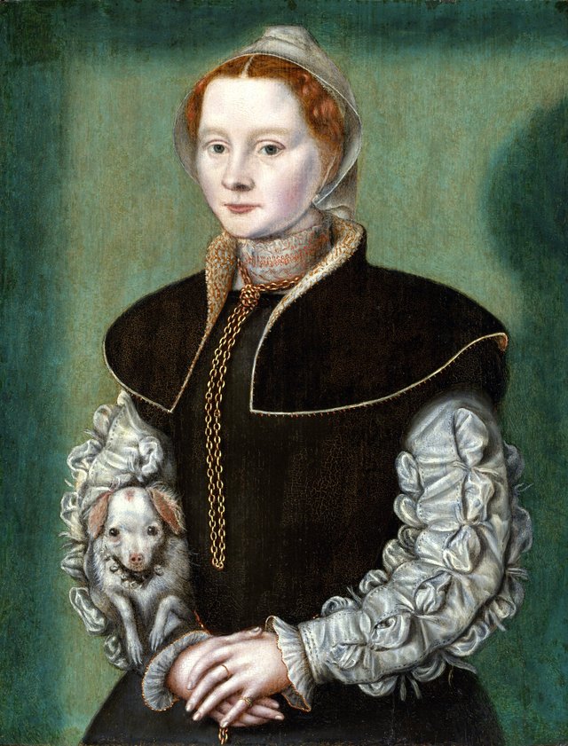Portrait of a young woman with a dog by Catarina van Hemessen