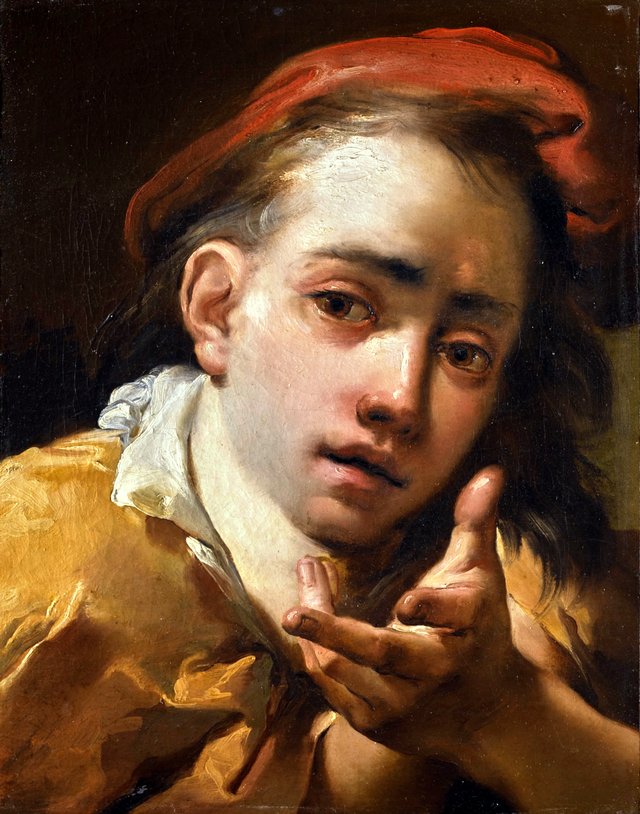 Portrait of a young man, bust-length, wearing a red cap and gesturing to the viewer by Gaetano Gandolfi