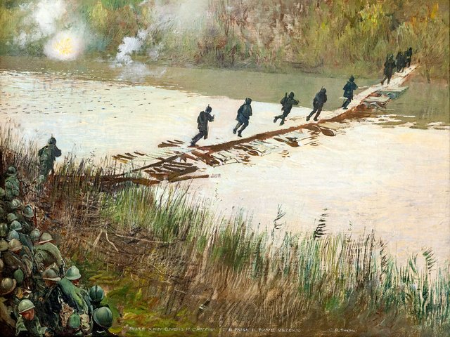 81st Infantry Regiment passes the Piave Vecchia by Giulio Aristide Sartorio