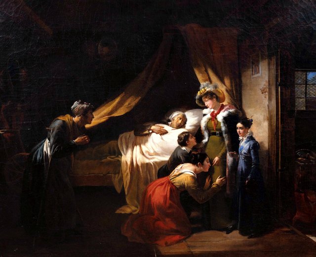 Une jeune dame et sa fille portant des secours à une famille indigente by Hortense Haudebourt-Lescot