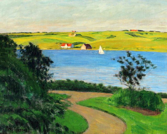 Landscape at an inlet with a sailboat. by Niels Bjerre