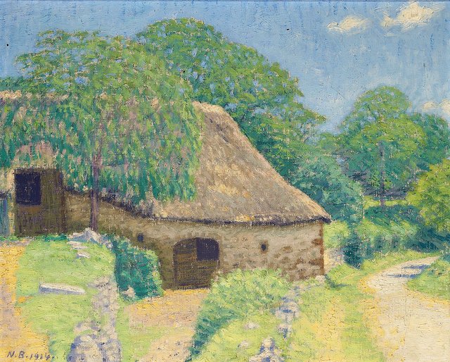 Landscape with a thatched house. by Niels Bjerre