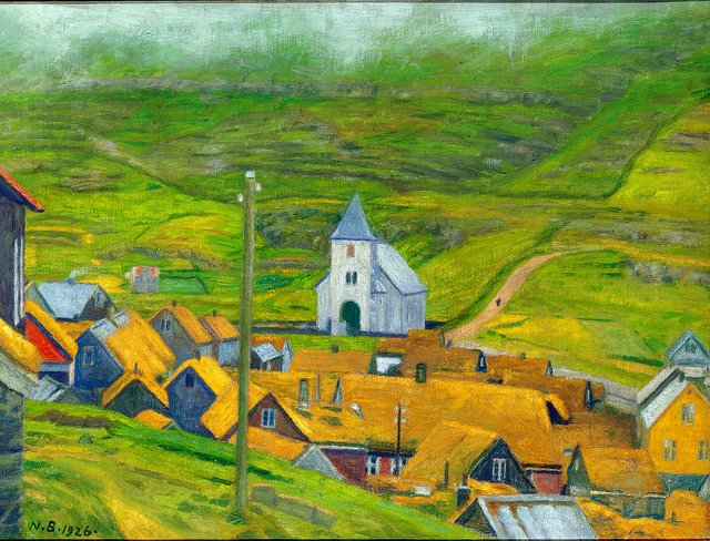 Scenery from the Faroe Islands with a church. by Niels Bjerre