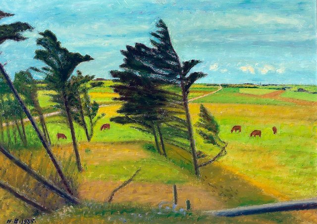 Landscape with windswept spruces. by Niels Bjerre