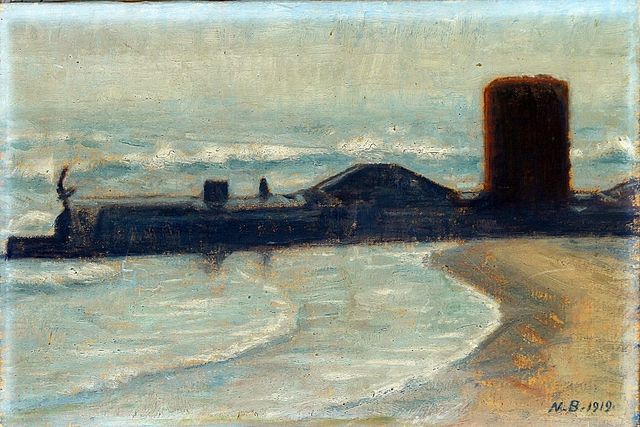 Beach, with houses. by Niels Bjerre