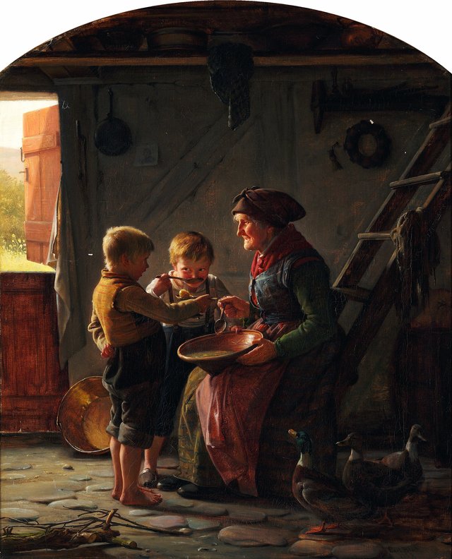 A meal. Two boys and a grandmother tasting the potato soup. by Carl Bloch