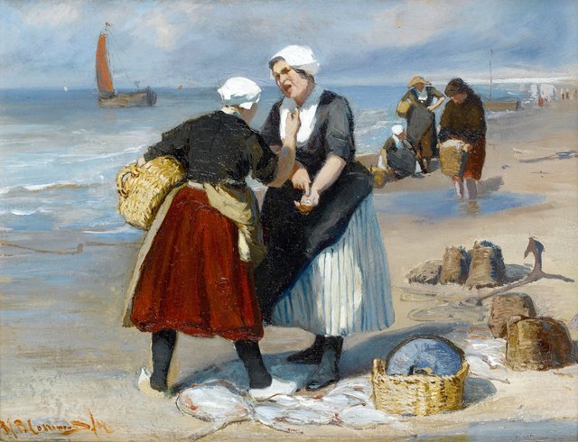 Fisherwomen haggling on the beach by Bernard Blommers