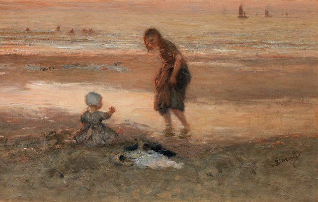 Paddling at low tide, sunset by Bernard Blommers