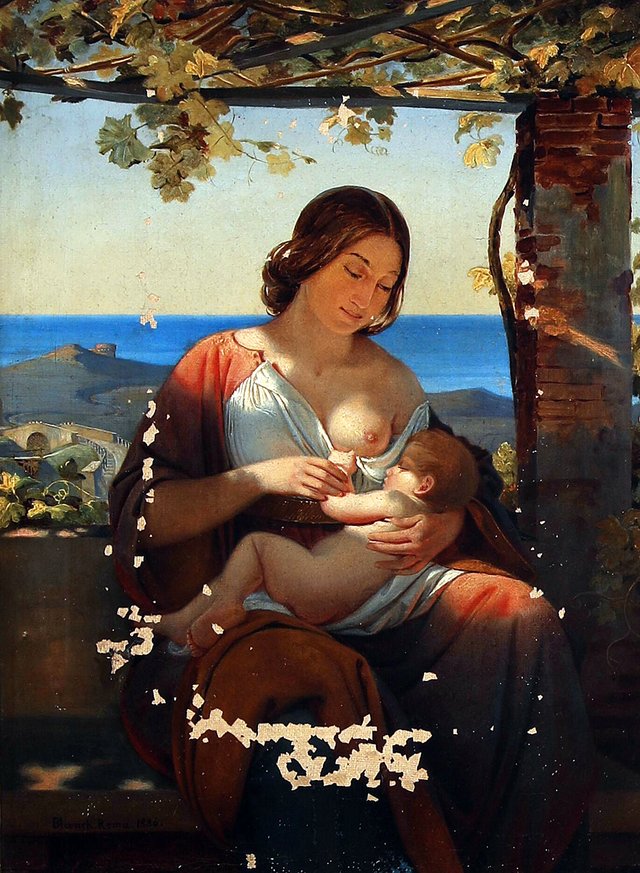 A mother breast-feeding her child. by Ditlev Blunck