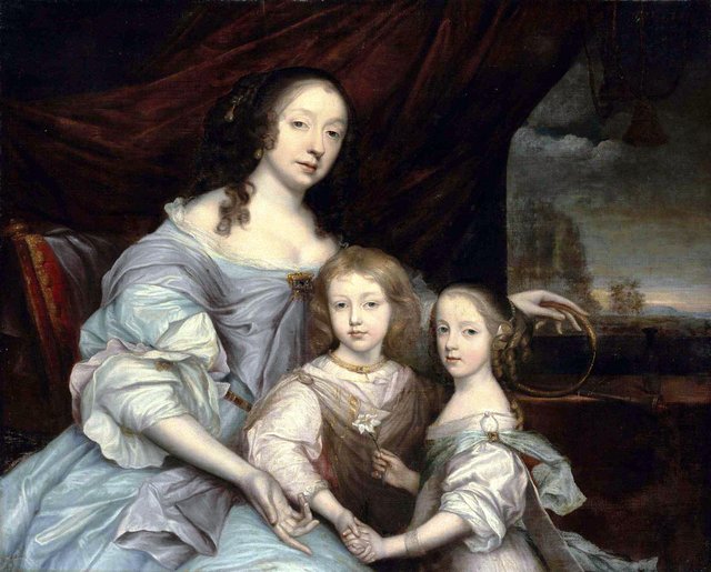 Portrait of Mary Villiers, Duchess of Lennox and Richmond, half-length, in a blue dress, her left hand resting on an Ouroboros, with her children, Esmé and Mary Stuart, before a draped curtain, a landscape beyond by John Michael Wright