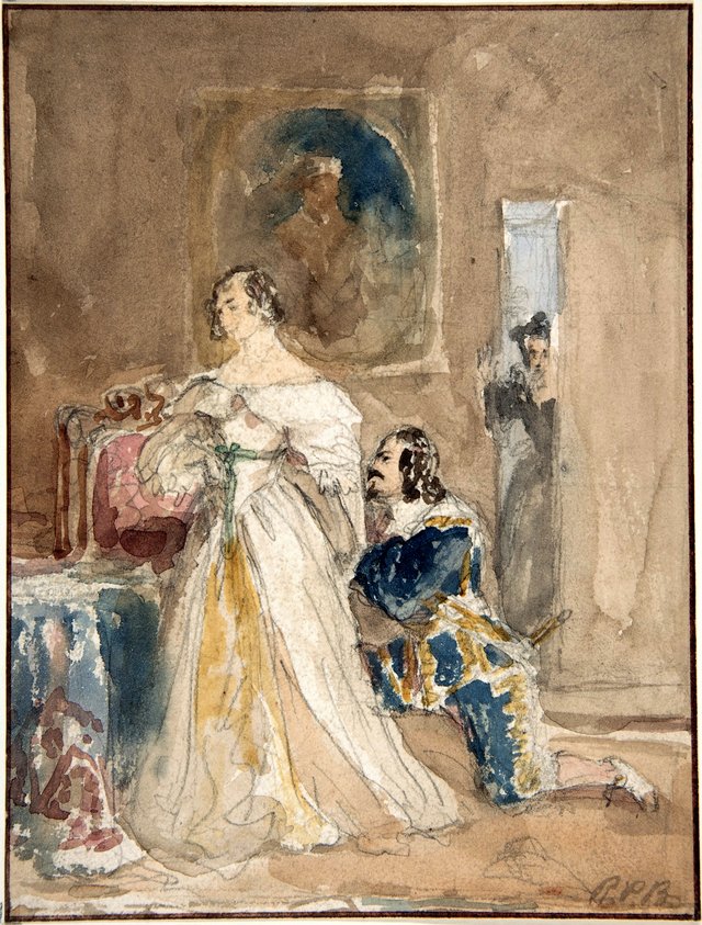 The Proposal (recto); Unfinished drawing of a horse and rider (verso) by Richard Parkes Bonington