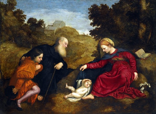 Madonna and child with St Antony abbot and a young male donor by Paris Bordone