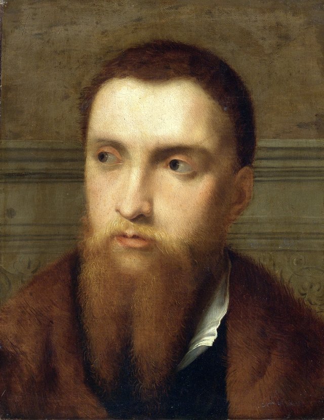 Portrait of a bearded man, head and shoulders, in a interior by Paris Bordone